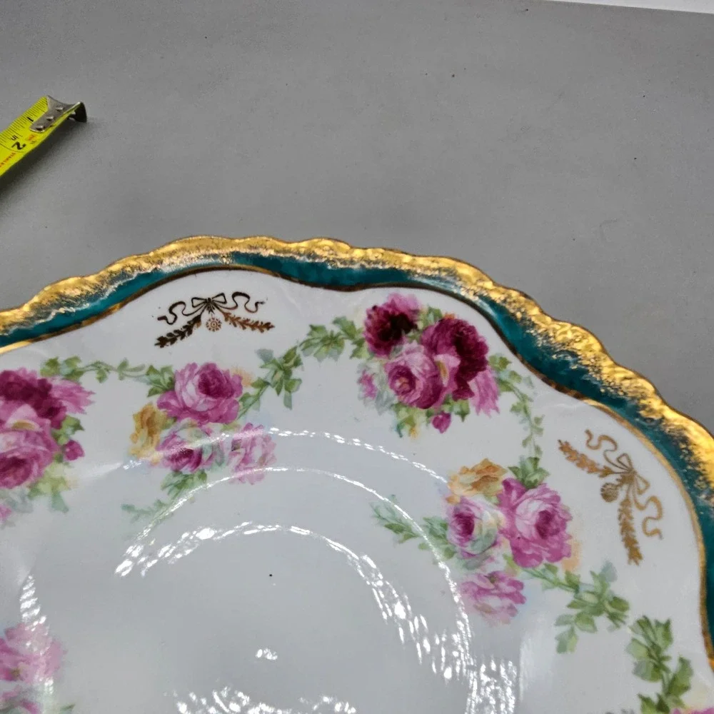 Vintage Porcelain Floral Serving Bowl Pink Roses Teal Gold Gilt Scalloped 9.25